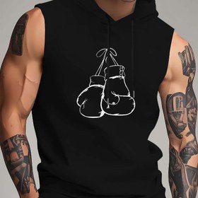 Resim Erkekler için Geometrik Boks Eldiveni Baskılı Kolsuz Kapüşonlu Atletik Yazlık Spor Kıyafeti - Hafif Polyester, Yaz Aktiviteleri, Spor Salonu ve Antrenmanlar için Rahat ve Şık Erkek Atleti 