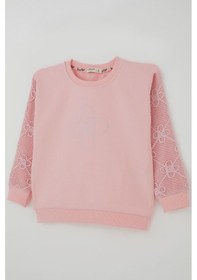 Resim Breeze Kız Çocuk Sweatshirt Kolları Çiçek Aplike İşlemeli File Detaylı 5-10 Yaş, Pembe Pembe 