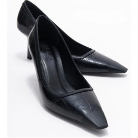 Resim Rona Siyah Baskı Mat Burunlu Kadın Topuklu Ayakkabı Siyah 