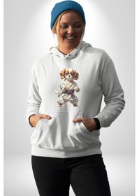 Resim Cavailer King Charles Spaniel Karate Kadın Erkek Beyaz Kapüşonlu Sweatshirt Hoodie Beyaz 