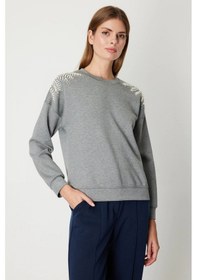 Resim On Fashion Kadın Omuzları İncili Sıfır Yaka Gri Sweatshirt 66338 Gri 