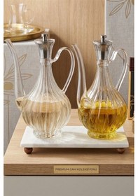 Resim Çizgili Tasarım Füme Kafalı Mermer Stantlı Borosilikat Cam Glorry Cam Yağlık 700 Ml+700 Ml Şeffaf 