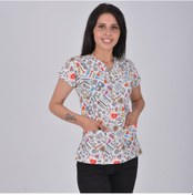 Resim Renkli Laborant Desenli Tek Üst Hastane Laboratuvar Forması 