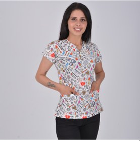 Resim Renkli Laborant Desenli Tek Üst Hastane Laboratuvar Forması 