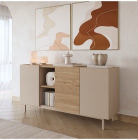 Resim Robin Home Luka Konsol 3 Kapaklı Raflı Ahşap Ayaklı 150cm Kumsal-sepet Bej 