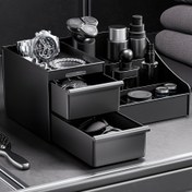 Resim Erkekler için Çekmeceli Kozmetik Organizatör - Plastik Makyaj Saklama ve Düzenleyici, Çok Fonksiyonlu Banyo Tezgahı Tepsisi, Parfüm Tutucu, Jilet Standı, Takı Saklama, Ev Dekor Hediyesi (Siyah) 