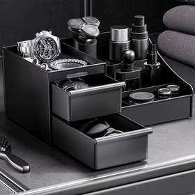 Resim Erkekler için Çekmeceli Kozmetik Organizatör - Plastik Makyaj Saklama ve Düzenleyici, Çok Fonksiyonlu Banyo Tezgahı Tepsisi, Parfüm Tutucu, Jilet Standı, Takı Saklama, Ev Dekor Hediyesi (Siyah) 