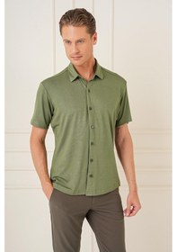 Resim Comfort Fit Spor Yaka Kısa Kol Esnek Pamuk Haki Gömlek G 1573 Haki 