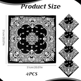 Resim LuxStellar Bandana siyah, 4 adet bandana, erkek, kuru kafa desenli, pamuk, baş örtüsü, erkek, sokak giyimi, motosiklet, dış mekan aktiviteleri ve şık moda aksesuarlar için ideal, Siyah, 55*55cm 