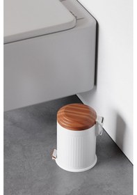 Resim Zift Unique Paslanmaz Çelik Ahşap Kapak Desenli Vintage Çöp Kovası 5l Amortisör Yavaş Kapak Banyo-mutfak Kovalı Beyaz 