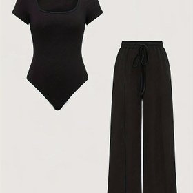 Resim Kadın Y2K Tarzı Düz Renk Tulum ve Geniş Bacaklı Pantolon İki Parça Set - Kare Yaka, Kısa Kollu, İpli Bel, Hafif Polyester Karışımı için İlkbahar/Yaz Rahat Giyim, Yaz Kıyafeti | Y2K Modası | Hafif Kumaş 