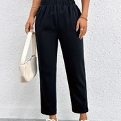 Resim Kadınlar İçin Casual Katı Lastik Bel Cropped Pantolon - Siyah, Polyester, Tüm Mevsim Konfor, Harem Stili, Yetişkinler İçin Mükemmel, Her Gün Konfor Pantolonu|Casual Stil Pantolon|Polyester Kumaş 