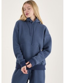 Resim Q-1001 Q-4008 Kapüşonlu Sweat Bel Lastikli Pantolon Üç İplik Şardonlu Takım İndigo 