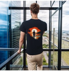Resim Man On Island T-shirt %100 Pamuklu Siyah Penye Basic Erkek Tişört Siyah 