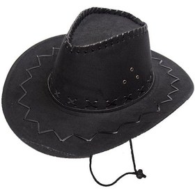 Resim Bağcıklı Çocuk Boy Nubuk Süet Kovboy Şapkası Siyah Renk - 