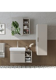 Resim Likya Kapaklı Açık Raflı Mdflam Lavabolu 82 Cm Banyo Alt Dolabı +banyo Üst Dolabı + Banyo Boy Dolabı Kumtaşı Kül Gri 