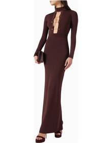 Resim Elit Elisabetta Franchi Jewel Yüksek Yakalı, Açık Sırtlı Maxi Triko Elbise Abiye Bordo 46 