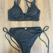 Resim Bikini Ayarlanabilir Askılı Yüzme Giysisi Siyah İplik Askılı Yüzme Kostümü Kadınlar Yaz Partisi Plaj Giysisi 