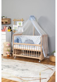 Resim Ahşap Beşik Anne Yanı Beşik Organik Boyasız 60x120-mavi Yıldız 3 Yastık Uyku Seti+yatak+tekerlekli Ahşap 