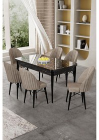 Resim Canisa Gale Serisi 80x132 Açılabilir Lak Panel Siyah Mermer Desen Mutfak Masa Takımı 6 Cappucino Sandalye Masa Siyah Mermer Desen Sandalye Cappucino 