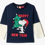Resim Erkek Bebek Yılbaşı Temalı Snoopy Baskılı Lisanslı Tişört Uzun Çıkma Kollu Bisiklet Yaka 