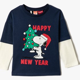 Resim Erkek Bebek Yılbaşı Temalı Snoopy Baskılı Lisanslı Tişört Uzun Çıkma Kollu Bisiklet Yaka 