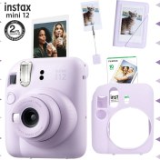 Resim Fujifilm Instax Mini 12 Lila Fotoğraf Makinesi - 10'lu Film - Kıskaçlı Stand - Mini Albüm ve Silikon Kılıf Seti 