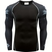 Resim Men's Stylish Wolf Pattern Shirt, Casual Breathable Crew Neck Quick Dry Moisture Wicking Long Sleeve Tee Top For Hiking Jogging Cycling Outdoor Fitness Workout 