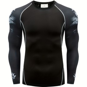 Resim Men's Stylish Wolf Pattern Shirt, Casual Breathable Crew Neck Quick Dry Moisture Wicking Long Sleeve Tee Top For Hiking Jogging Cycling Outdoor Fitness Workout 