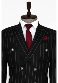 Resim Wessi Kruvaze Slim Fit Çizgili Siyah Erkek Ceket Siyah 