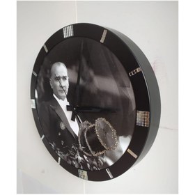 Resim Bahat Atatürk Simli Ofis Salon Duvar Saati Siyah Metal Çerçeve 36 cm 