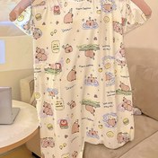 Resim Kadınlar İçin Sevimli Karakter Baskılı Pijama Pantolonu - Kısa Kollu, Yuvarlak Yaka, Ön Cep ve Düğme Kapamalı, Rahat İlkbahar/Yaz Pijaması 