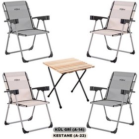 Resim 4 Adet Katlanır Kamp Sandalyesi Ve Masa Seti - Rock - Kül Gri / Kestane - Bardaklıklı - 140 Kg Çok Renkli 