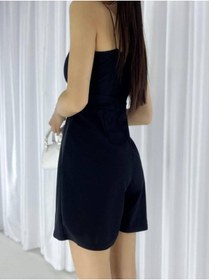 Resim Modafeminen Esnek Krep Kumaş Askılı Etek Görünümlü Şortlu Mini Abiye Tulum 582155 Siyah 
