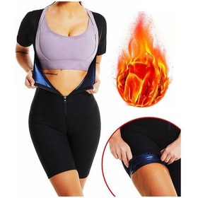 Resim Mavi Kısa Kollu Tulum Sauna Takım Elbise Kadınlar İçin Ter Yelek Bel Eğitmen 3 In 1 Zayıflama Tam Vücut Şekillendirici Egzersiz Üstleri Mavi 