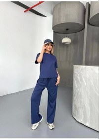 Resim Osy Modal Yumuşak Dokulu Kumaş Kısa Kollu Bluz Rahat Pantalon Ikili Takım- Lacivert Lacivert 