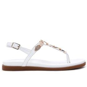 Resim Women's White Ankle Strap Flip Flop Leather Sandals 