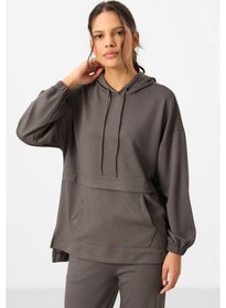 Resim Tommylife Koyu Gri Yumuşak Dokulu Kapüşonlu Oversize Kadın Eşofman Tunik Takım - 95348 Koyu Gri 