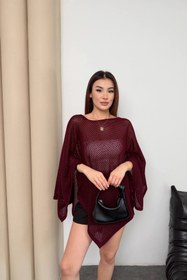 Resim Lusin Kadın Bordo Kayık Madonna Yaka Panço Görünümlü Şık Oversize Yazlık Mevsimlik File Bluz 