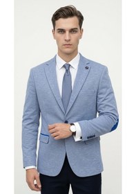 Resim Plus Scorpion Erkek Slim Fit Ceket Kol Yamalı Çift Yırtmaç Mikro Desenli Blazer Indigo 