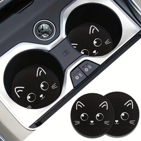 Resim 2 adet Sevimli Büyük Gözlü Siyah Kedi Araba Bardak Tutucu Altlıkları - Kaymaz Tutuşlu Emici Seramik İçecek Altlıkları, SUV Aksesuarları için Sevimli Kedi Tasarımı, Araçlar ve Araba İçi Koruma, Bardak Tutucuları için Araba Altlıkları 
