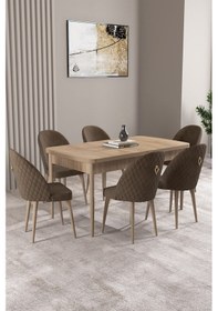 Resim Milas Meşe Desen 80x132 Mdf Açılabilir Yemek Masası Takımı 6 Adet Sandalye Kahverengi 
