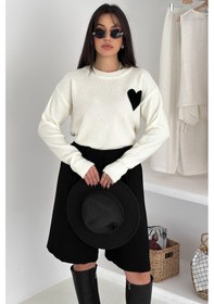 Resim Noa & Noa Kadın Kalpli Kalın Triko Kazak Oversize & Minimal Romantik Stil Beyaz 
