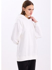 Resim Pastelastore Pamuklu Kapüşonlu 2 İplik Baharlık Oversize Sweatshirt Ekru 