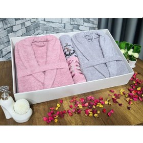 Resim Çeyizlik Aile Bornoz Seti 4 Parça Gül Kurusu Gri Gül Kurusu 