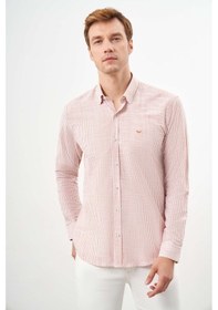 Resim Erkek Turuncu Pamuk Çizgili-panolu İtalyan Yaka Slim Fit Gömlek 25ms004020451 Turuncu Turuncu 