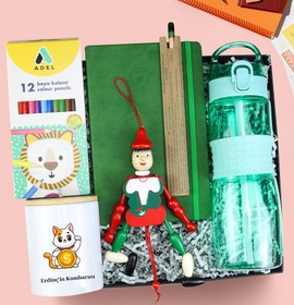 Resim Kişiye Özel Defter & Kalem & Kumbara & Matara & Kuru Boya & Kukla Hediye Seti 