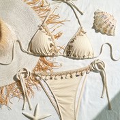 Resim Kadınlar İçin Şık Bej Bikini Takımı Detaylı - Yüksek Esneklikte Polyester/Elastan Karışımı, Makinede Yıkanabilir, Uygun Yüksek Bel Alt ve Üçgen Üst İçerir, Yüksek Bel Bikini Takımı 