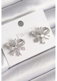 Resim Pirinç Gümüş Renk Zirkon Taşlı Fiyonk Model Kadın Küpe 
