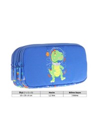 Resim Kaukko Kids Mavi Yeşil, Dinazor, Erkek Çocuk Üç Bölmeli Okul Kalem Çantası - L8262 Mavi - Yeşil 